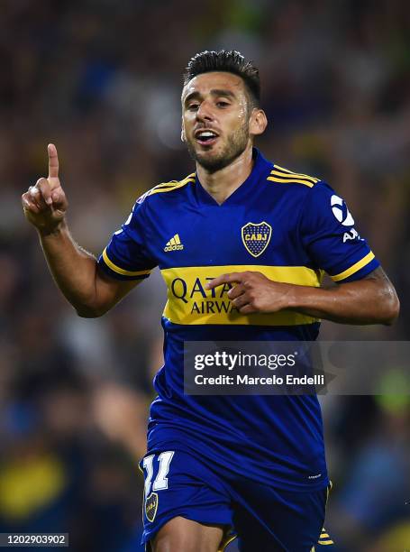 Eduardo Salvio of Boca Juniors celebrates after scoring the second goal of his team during a match between Boca Juniors and Godoy Cruz as part of...