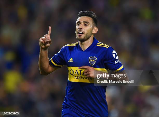 Eduardo Salvio of Boca Juniors celebrates after scoring the second goal of his team during a match between Boca Juniors and Godoy Cruz as part of...