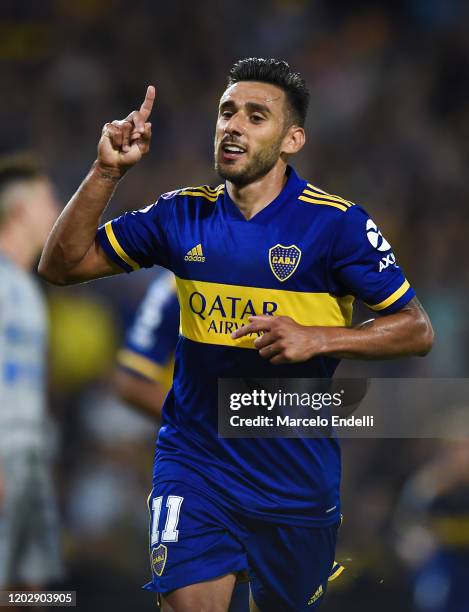 Eduardo Salvio of Boca Juniors celebrates after scoring the second goal of his team during a match between Boca Juniors and Godoy Cruz as part of...