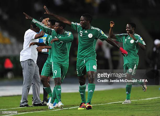 Olarenwaju Kayode of Nigeria celebrates his goal during the FIFA U-20 World Cup Group D match between Croatia and Nigeria at the Estadio Centenario...