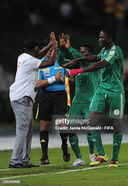 Olarenwaju Kayode of Nigeria celebrates his goal with John Obuh during the FIFA U-20 World Cup Group D match between Croatia and Nigeria at the...