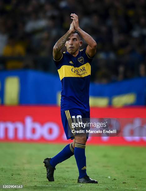 Carlos Tevez of Boca Juniors leaves the pitch during a match between Boca Juniors and Godoy Cruz as part of Superliga 2019/20 at Alberto J. Armando...