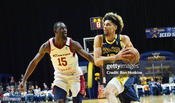 Brian Bowen II of the Fort Wayne Mad Ants battles Sir"Dominic Pointer of the Canton Charge on February 23, 2020 at Memorial Coliseum in Fort Wayne,...