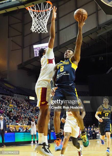 Daxter Miles Jr. #8 of the Fort Wayne Mad Ants battles a the Canton Charge defender on February 23, 2020 at Memorial Coliseum in Fort Wayne, Indiana....