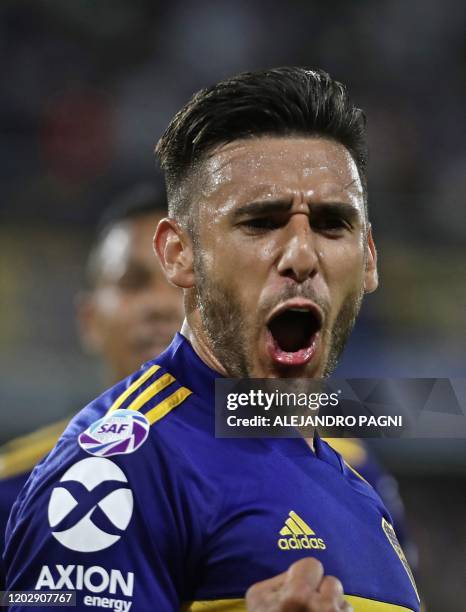 Boca Juniors' midfielder Eduardo Salvio celebrates after scoring the team's second goal against Godoy Cruz during their Argentina First Division 2020...