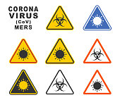 MERS Corona Virus warning icon shape. biological hazard risk logo symbol. Contamination epidemic virus danger sign. vector illustration image. Isolated on white background.