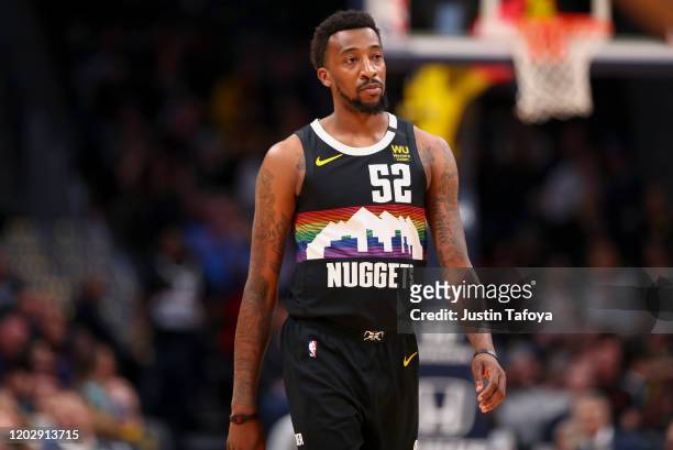 Jordan McRae of the Denver Nuggets walks on the court as they take on the Minnesota Timberwolves at Pepsi Center on February 23, 2020 in Denver,...