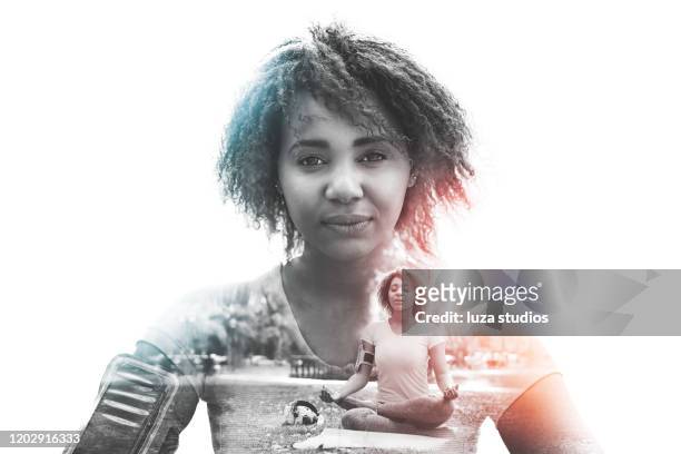 double exposure design of a woman doing yoga - multiple exposure stock pictures, royalty-free photos & images