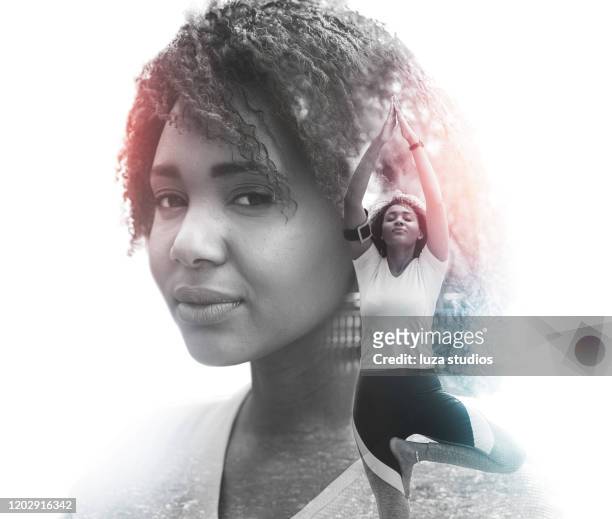 double exposure design of a woman doing yoga - multiple exposure woman stock pictures, royalty-free photos & images