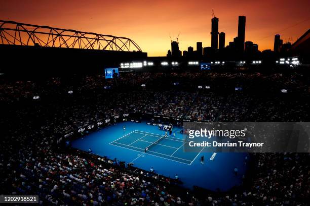 General view of Rod Laver Arena during the Men's Semifinal match between Roger Federer of Switzerland and Novak Djokovic of Serbia on day eleven of...