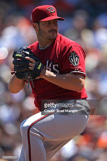Jason Marquis of the Arizona Diamondbacks pitches against the San Francisco Giants during the game at AT&T Park on August 3, 2011 in San Francisco,...