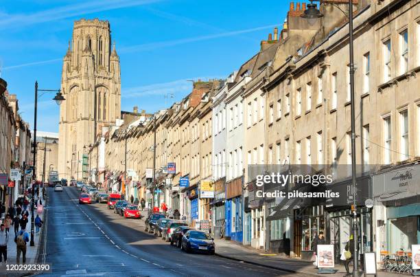 looking up park street towards wills memorial building tower, bristol, england. - bristol stock pictures, royalty-free photos & images