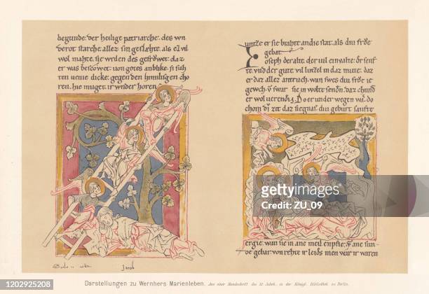 illustrations of wernher's marienleben, 12th century, facsimile (chromolithograph), published 1897 - medieval illuminated letter stock illustrations