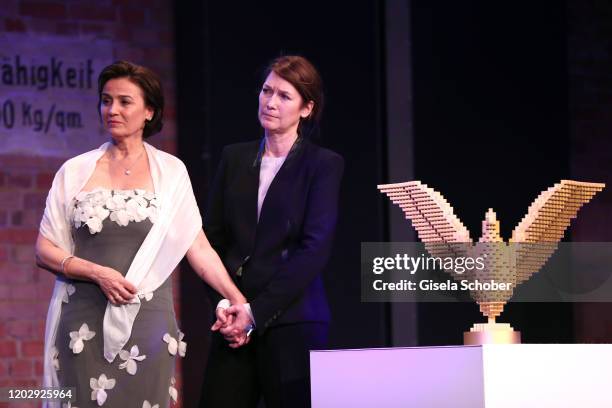 Sandra Maischberger and director Sheryl Hormann during the Cinema For Peace Gala at Westhafen Event & Convention Center on February 23, 2019 in...