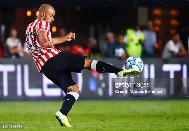 Javier Mascherano of Estudiantes kicks the ball during a match between Estudiantes and River Plate as part of Superliga 2019/20 at Estadio Jorge Luis...