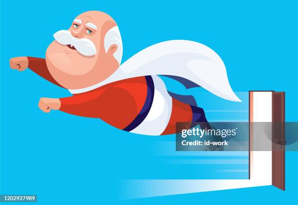 senior super hero leaving doorway - comic hero stock illustrations