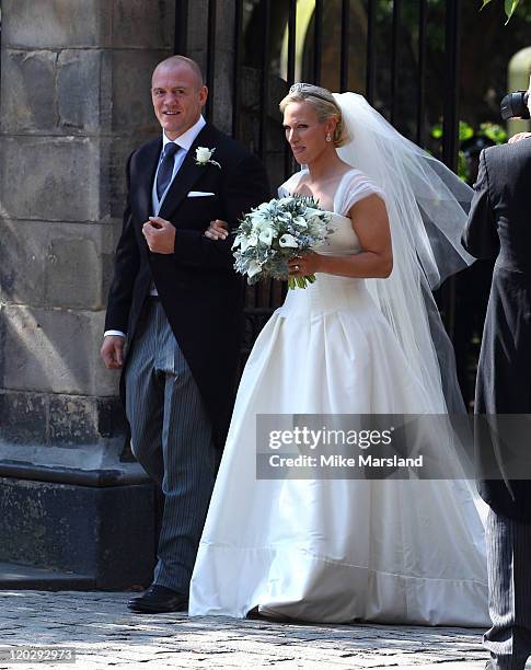 Zara Phillips and Mike Tindall after their wedding at Canongate Kirk on July 30, 2011 in Edinburgh, Scotland.