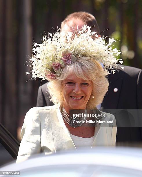 Camilla, Duchess of Cornwall arrives for the Royal wedding of Zara Phillips and Mike Tindall at Canongate Kirk on July 30, 2011 in Edinburgh,...