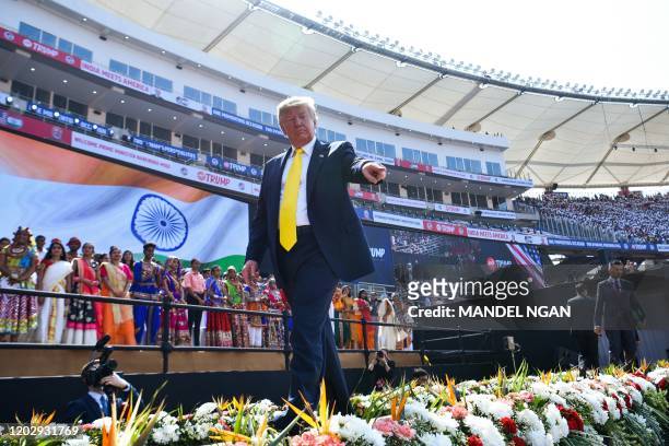 President Donald Trump leaves after attending 'Namaste Trump' rally at Sardar Patel Stadium in Motera, on the outskirts of Ahmedabad, on February 24,...