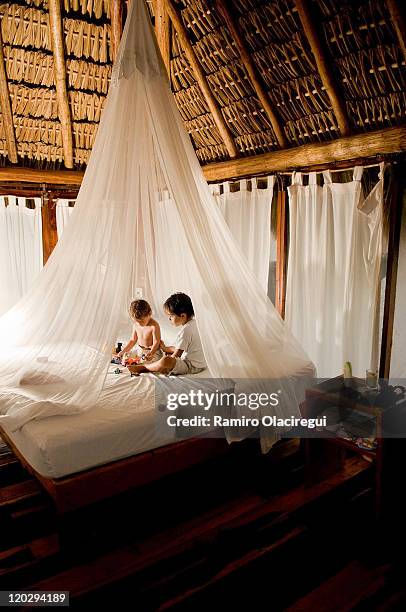 two brothers palying with toys on  bed - mosquito netting stock pictures, royalty-free photos & images