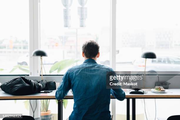 rear view of businessman using laptop while sitting at desk in office - rear view stock pictures, royalty-free photos & images