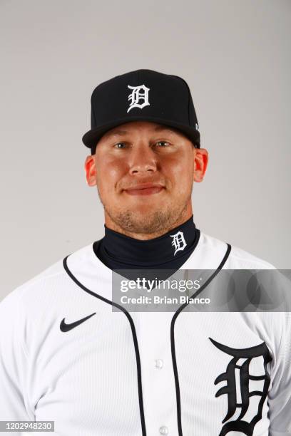 JaCoby Jones of the Detroit Tigers poses for a photo during the Tigers' photo day on February 20, 2020 at Joker Marchant Stadium in Lakeland, Florida.