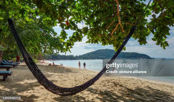 December 2019, Thailand, Koh Samui: An empty hammock on a beach. Photo: Damian Gollnisch/dpa-Zentralbild/ZB