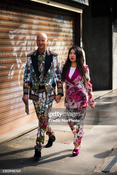 People during the Street Style At Dolce &amp; Gabbana Fashion Show, during the Milan Fashion Week, in Milan, Italy, on February 23, 2020