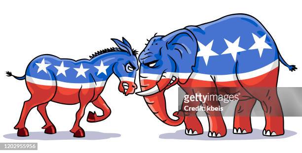 republican elephant and democratic donkey facing off - dueling stock illustrations