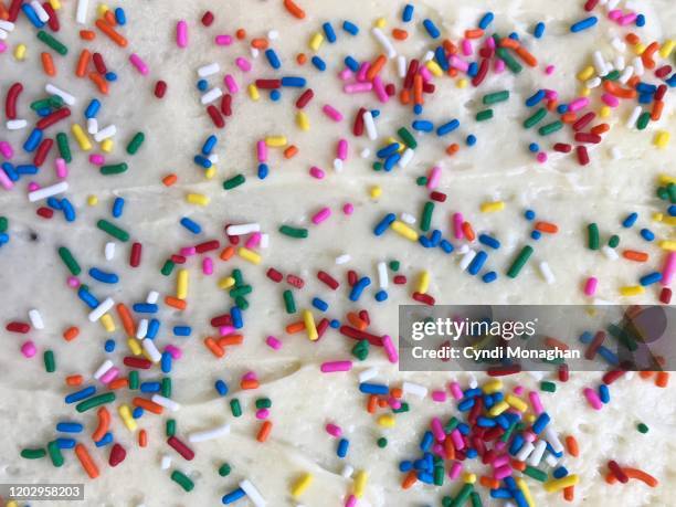 close up of rainbow sprinkles or jimmies or sugar strands on a large sheet cake - confeito colorido para bolos imagens e fotografias de stock
