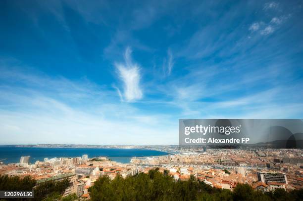 marseille panorama from notre dame de la garde - vieux port marsella fotografías e imágenes de stock