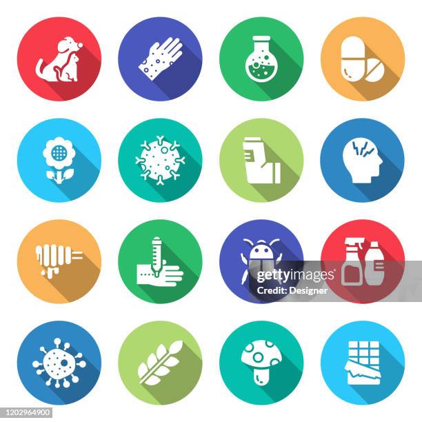 illustrazioni stock, clip art, cartoni animati e icone di tendenza di semplice set di icone piatte vettoriali correlate alle allergie e agli allergeni di base. insieme symbol - allergia