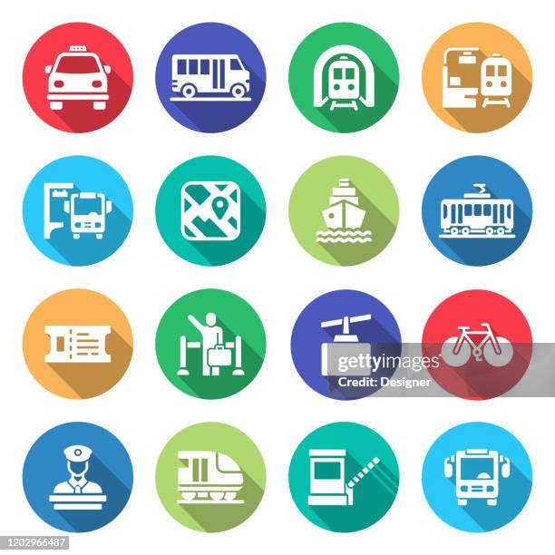 einfache satz von öffentlichen verkehrsmitteln verwandte vektor flache symbole. symbol-sammlung - bahnreisender stock-grafiken, -clipart, -cartoons und -symbole