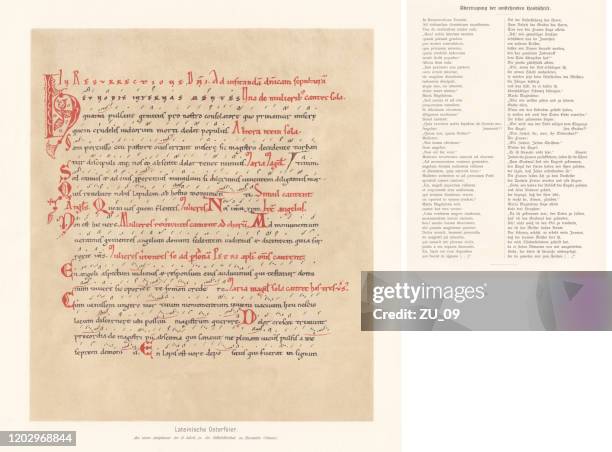 illustrazioni stock, clip art, cartoni animati e icone di tendenza di celebrazione della pasqua latina, antifonario (xii secolo), facsimile (cromotiografo), pubblicato nel 1897 - scrittura latina