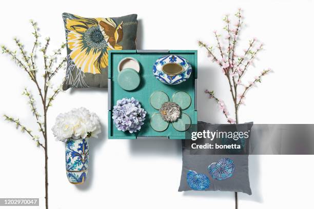 home accessories  isolated on white background - candle sets stock pictures, royalty-free photos & images