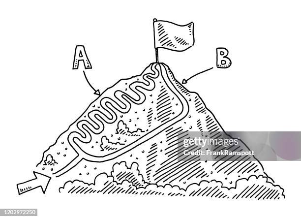 comparison infographic two ways to reach mountain top drawing - pathway infographic stock illustrations