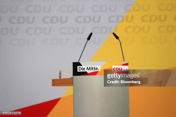 Podium stands ahead of a news conference with Annegret Kramp-Karrenbauer, leader of the Christian Democrat Union , at the CDU headquarters in Berlin,...