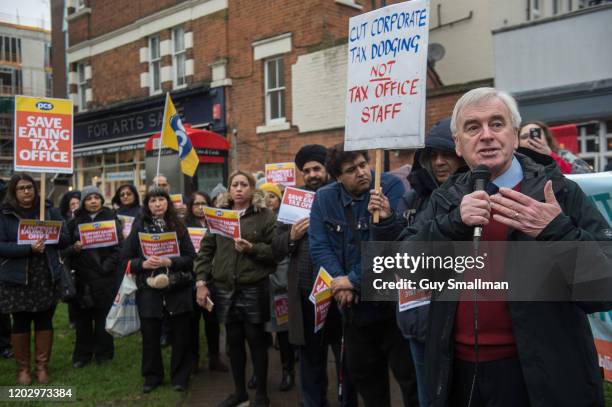 Shadow chancellor John McDonnell MP on January 30, 2020 in London, England. Workers at HMRC Ealing walk out on strike over plans to shut their...