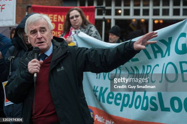 Shadow chancellor John McDonnell MP on January 30, 2020 in London, England. Workers at HMRC Ealing walk out on strike over plans to shut their...