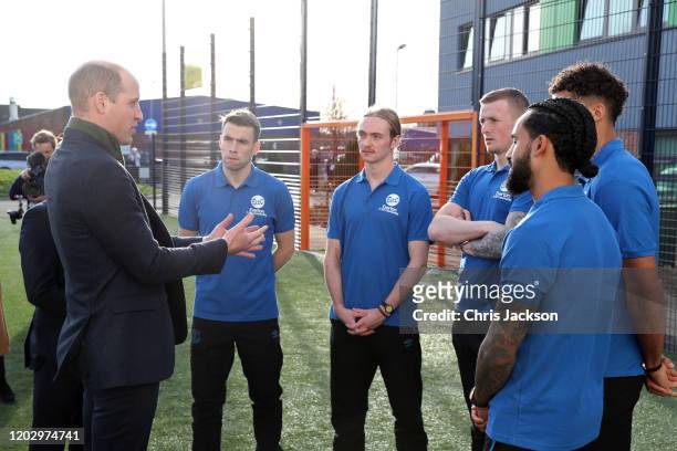 Prince William, Duke of Cambridge talks to players of Everton F.C. Seamus Coleman, Tom Davies, Jordan Pickford, Dominic Calvert-Lewin and Theo...