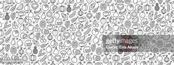 illustrazioni stock, clip art, cartoni animati e icone di tendenza di motivo senza cuciture con icone di frutta verdura - verdure