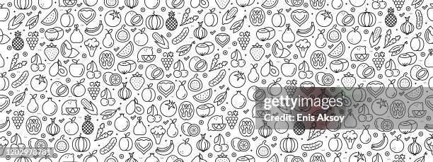 stockillustraties, clipart, cartoons en iconen met naadloos patroon met fruitgroentepictogrammen - black and white food illustration