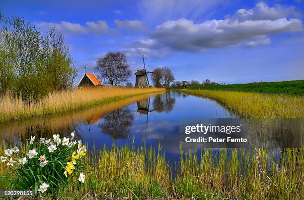 dutch windmill reflected in water - rannoch moor stockfoto's en -beelden