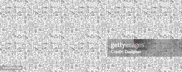 insurance and protection seamless pattern and background with line icons - home insurance stock illustrations