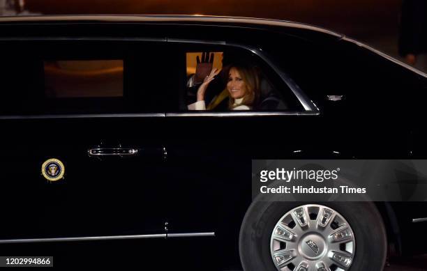 President Donald Trump and First Lady Melania Trump wave upon their arrival at Air Force Station, Palam on February 24, 2020 in New Delhi, India. US...