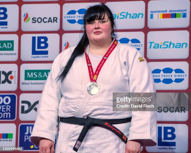 Over 78kg women's silver medallist, Iryna Kindzerska of Azerbaijan during the 2020 Dusseldorf Judo Grand Slam at the ISS Dome on day 3, Sunday,...