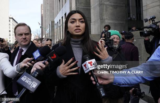 Ambra Battilana Gutierrez a Italian-Filipina model, who signed a million-dollar nondisclosure agreement with Harvey Weinstein, talks to the press...