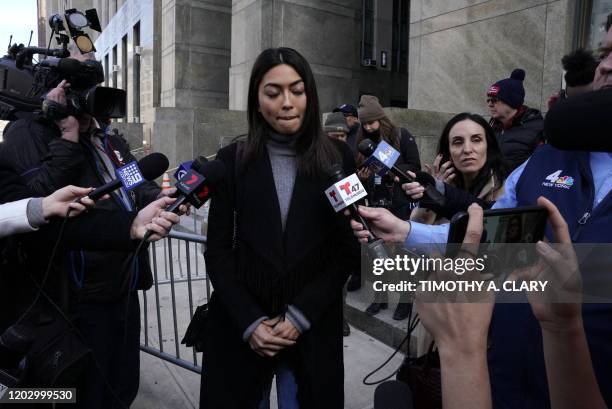 Ambra Battilana Gutierrez a Italian-Filipina model, who signed a million-dollar nondisclosure agreement with Harvey Weinstein, talks to the press...