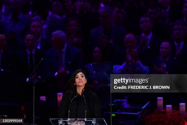 Kobe Bryant's wife Vanessa Bryant arrives to speak during the "Celebration of Life for Kobe and Gianna Bryant" service at Staples Center in Downtown...