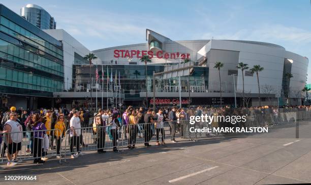 Fans arrive to attend the "Celebration of Life for Kobe and Gianna Bryant" service at Staples Center in Downtown Los Angeles on February 24, 2020. -...